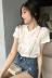 Mùa hè mới của Hàn Quốc phiên bản của chic ren khâu giả hai mảnh áo sơ mi hoang dã cổ tròn ngắn tay đan áo len T-Shirt