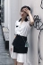 2018 mùa thu mới Hàn Quốc phiên bản của màu sắc tương phản ve áo hoang dã ngắn- tay áo sơ mi nữ + bất thường pleated váy bộ Bộ đồ