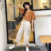 Thời trang vui tươi phù hợp với phụ nữ Hàn Quốc phiên bản của màu sắc hoang dã ngắn tay T-Shirt + cao eo hoa side loose quần âu
