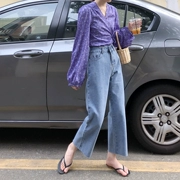 Mùa thu Hàn Quốc phụ nữ retro cao eo thẳng rộng chân quần lỏng mỏng nữ sinh viên hoang dã chín quần jeans