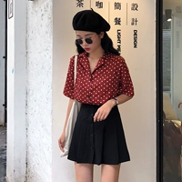 Retro Han Fan ve áo polka dot áo + đen mỏng và hoang dã một hàng khóa xếp li váy thời trang giản dị phù hợp với thời trang trung niên nữ cao cấp elady