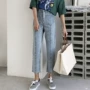 Retro Hồng Kông hương vị sang trọng Hàn Quốc phiên bản của rửa cũ đa túi lưỡi chín điểm jeans cao eo hoang dã thẳng quần phụ nữ quần jean nữ 2021