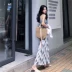Hồng Kông hương vị retro chic gió slim slimming màu xanh đan sling vest + cao eo in chân rộng quần phù hợp với
