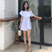 Mùa hè mới của Hàn Quốc phiên bản của chic gió không thường xuyên xù xiên dây đeo cổ áo váy Một từ váy váy ngắn nữ mặc