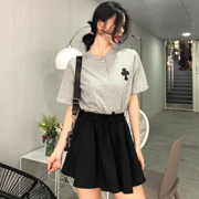 Mùa hè Hàn Quốc phiên bản của chic hoang dã cổ áo nhỏ ngắn tay T-Shirt + chống ánh sáng cao eo tie xếp li váy váy phù hợp với