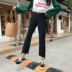 Mùa xuân mới của Hàn Quốc phiên bản của rộng chân rộng jeans sinh viên thẳng bất thường mờ cạnh chia quần chân chín quần phụ nữ quần jean nữ cạp cao Quần jean