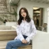 2018 mùa xuân mới của Hàn Quốc phiên bản của chi linh hoạt ve áo letter in sọc dọc lỏng áo sơ mi dài tay áo