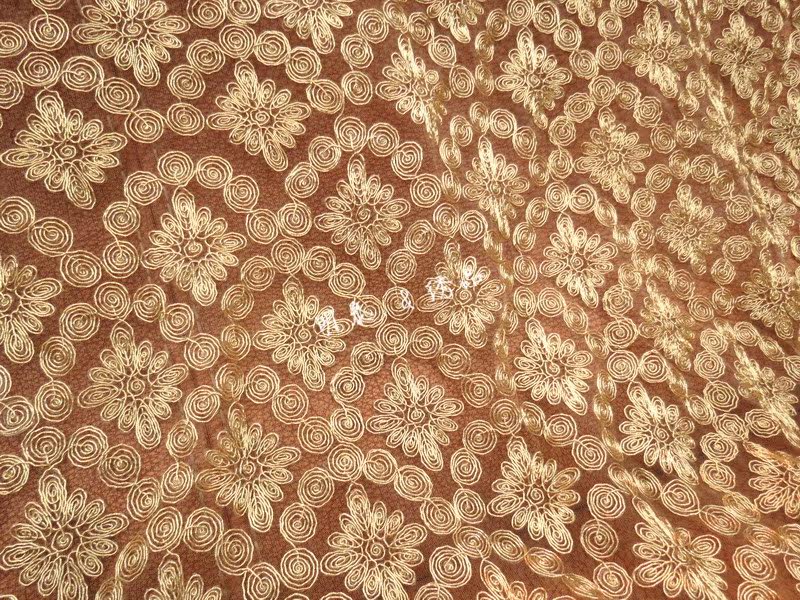 金色车骨蕾丝网布刺绣满幅花边 淘宝diy服装面料 奢华晚礼服布料