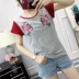 C-H34 Hoa Thêu Colorblock T-Shirt Mùa Hè của Phụ Nữ Vòng Cổ Mỏng Tay Áo Ngắn Tay Áo