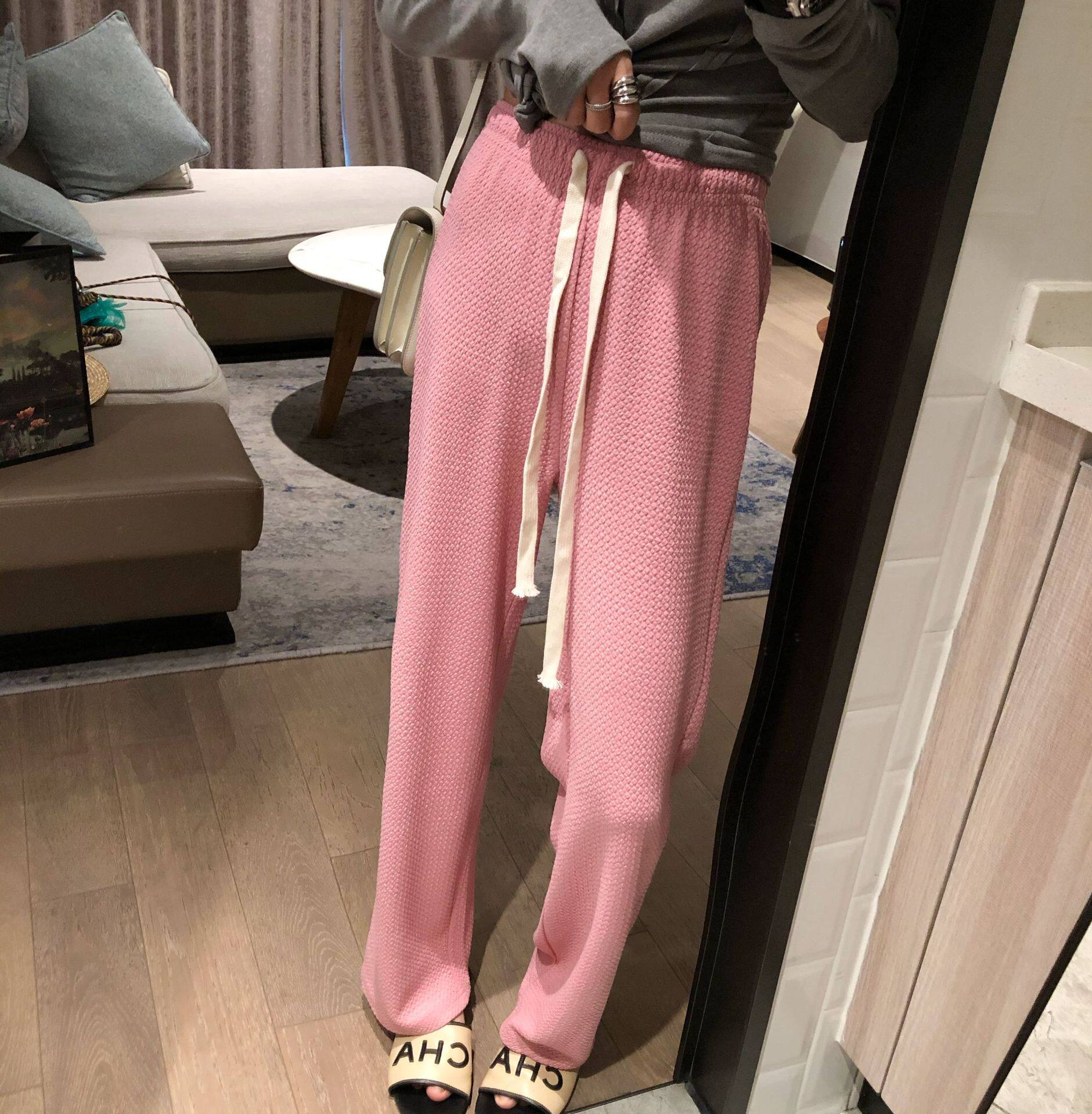 Bubble yarn drawstring wide-leg long pants 2022 Spring Collection new straight-leg loose high-waisted slimming long pants details Picture