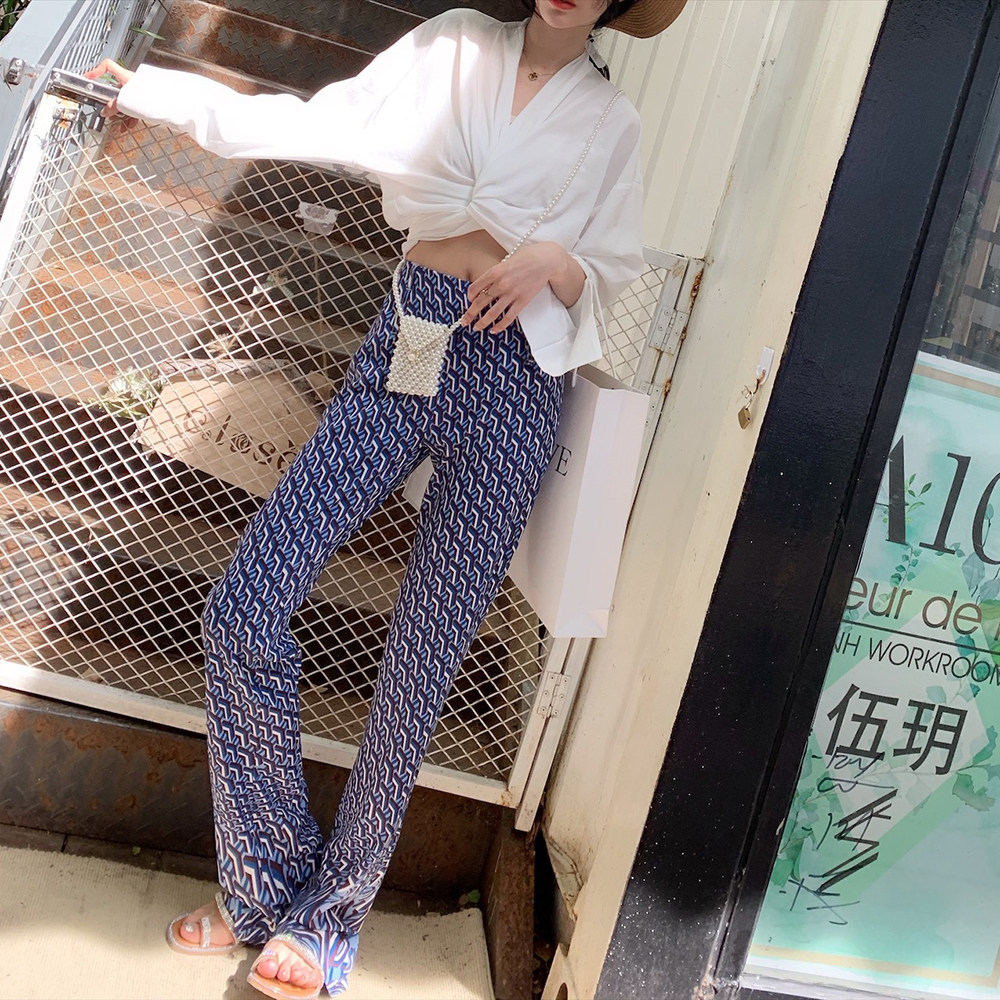 2022 Summer new slimming pants, floor-length pants, slimming printed wide-leg pants, beach and seaside vacation slightly flared long pants Specification image