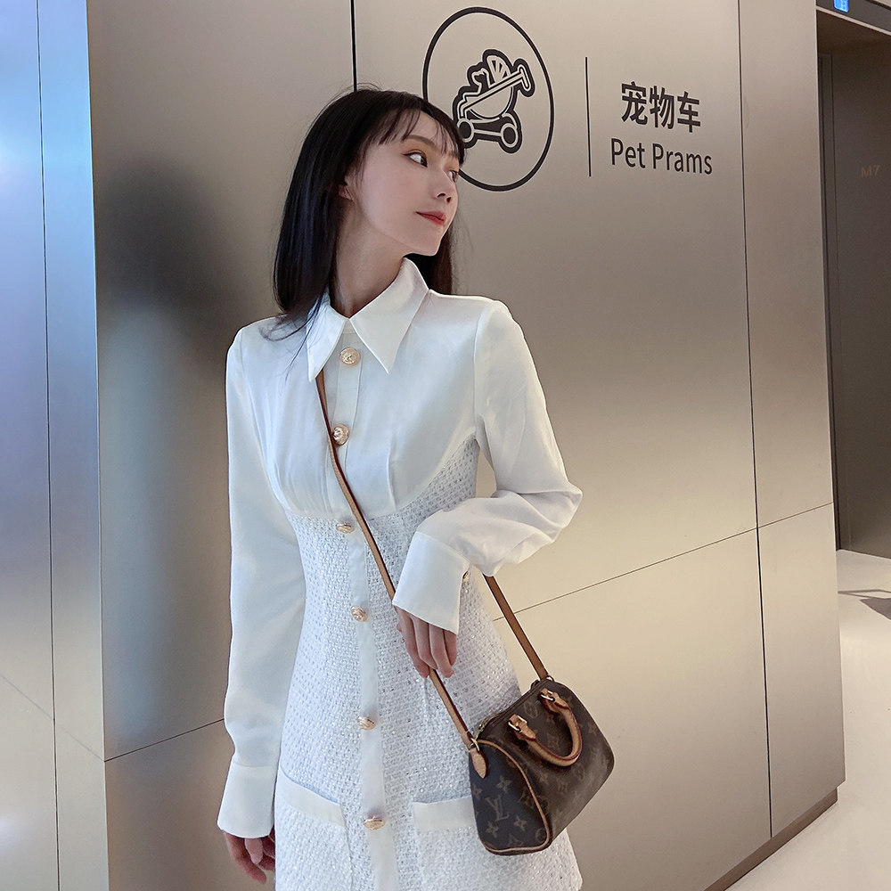 The new chanel-style dress exudes a slender and elegant feminine charm. It features long-sleeved, patchwork, fake two-piece shirt, skirt and short skirt, making you look slimmer Specification image