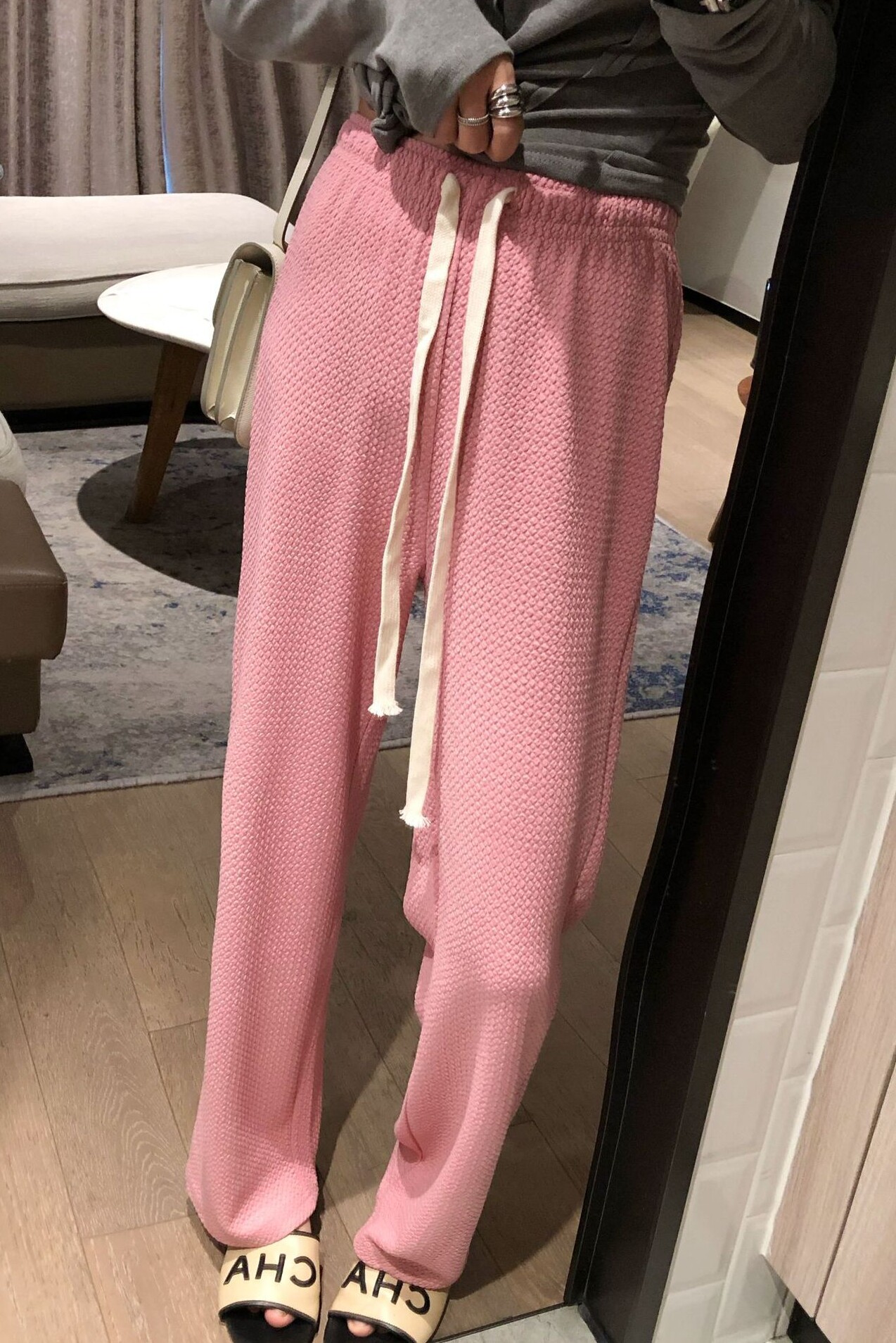 Bubble yarn drawstring wide-leg long pants 2022 Spring Collection new straight-leg loose high-waisted slimming long pants Item Picture