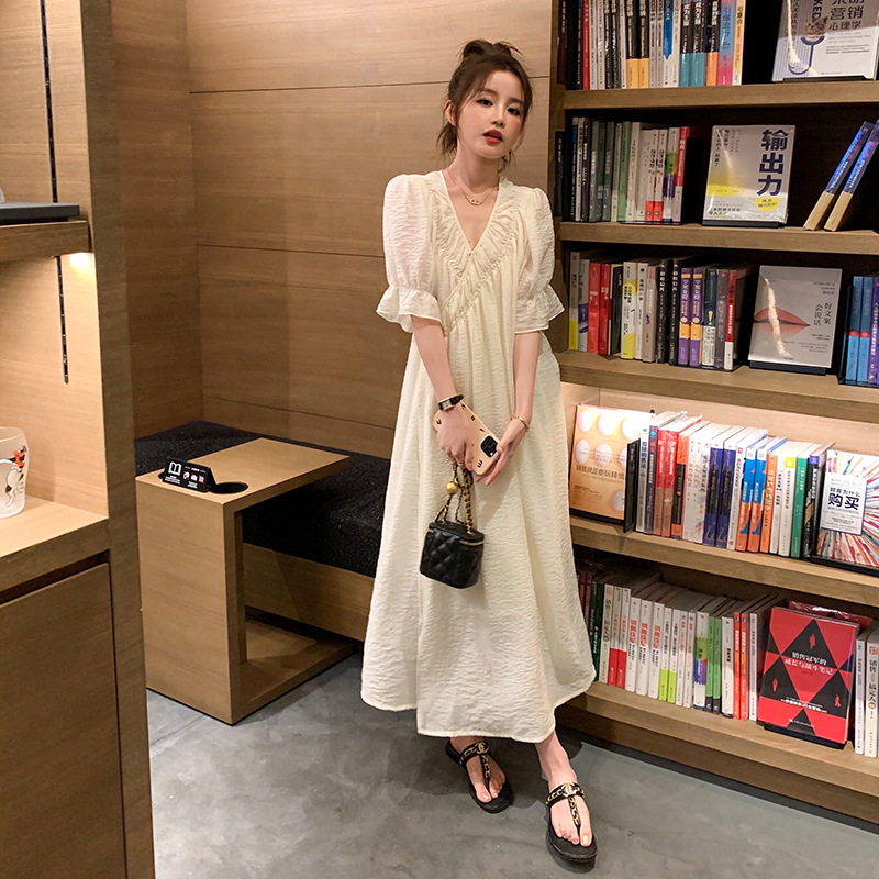 2022 Summer gentle style collarless lace-up V-neck dress, women's lace-up waist slimming A-line dress details Picture