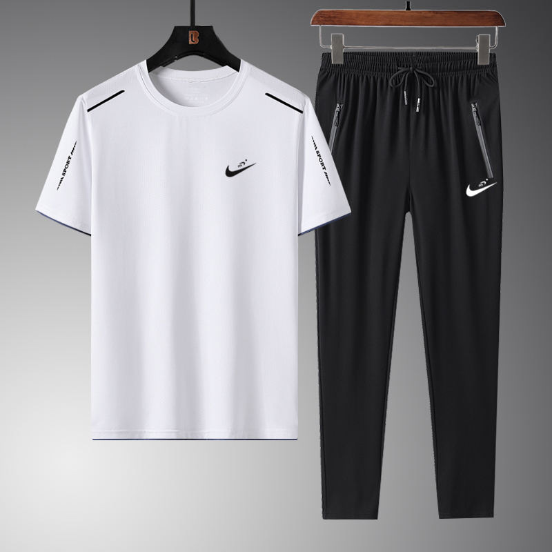 8822 Two Piece White Trousers SetNike summer Ice silk leisure time Sports suit male run Short sleeve T-shirt Crew neck Quick drying shorts Three piece suit