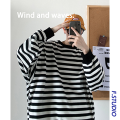 港風潮流條紋衛衣男寬鬆休閒圓領上衣秋季ins韓版外套