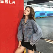 2018 đầu mùa thu mới Hàn Quốc phiên bản của mặt sau chống túi hoang dã lỏng mỏng bat tay áo áo sơ mi ngắn denim áo khoác nữ