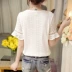 Phiên bản Hàn Quốc Slim mỏng tay ngắn chạm đáy ren áo sơ mi cổ chữ V nữ 2017 mới mùa hè Đầm voan hoang dã