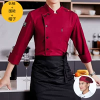 Красный лонгслив, фартук, шапка