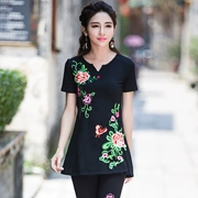 Áo phông nữ size lớn 2019 mùa hè mới ngọn gió Quốc gia thêu dài phần cotton Áo thun nữ tay ngắn chạm đáy - Áo phông