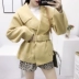 Phiên bản Hàn Quốc của thắt lưng áo len nhỏ nữ 2018 mới mùa thu và mùa đông bf lỏng học sinh ve áo len lông thủy triều áo da nữ dáng dài Accentuated eo áo