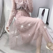 Sinh viên sequined lưới váy mùa thu nữ 2018 mới tươi hoang dã phần dài chic nhẹ nhàng váy eo đàn hồi