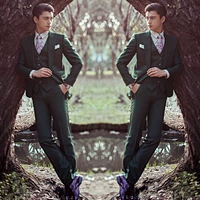 Trang phục nam phù hợp với ảnh studio chủ đề ảnh nam chụp ảnh cưới phù hợp với phiên bản Hàn Quốc của bộ ba màu xanh hải quân tự tu - Suit phù hợp quần nam