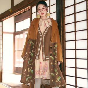 DEAR Li gốc ban đầu nữ retro hipster hạt dẻ in khâu coat là mỏng eo over the knee coat mùa thu và mùa đông