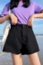 Dora Chaoren Hội Trường Hồng Kông hương vị retro chic màu rắn cao eo là quần short denim mỏng đơn giản hoang dã quần chân rộng phụ nữ quần jean nữ đẹp Quần jean