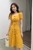 Hồng Kông hương vị retro chic đầu mùa thu 2018 new slim quảng trường cổ áo đơn ngực dress solid color ngắn tay dài váy nữ Váy eo cao