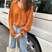 Áo sơ mi nữ 2018 new solid color V-Cổ dài tay voan áo Hàn Quốc phiên bản của chic Hồng Kông-hương vị áo sơ mi hoang dã lỏng áo sơ mi
