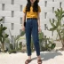 Dora Chaoren Hall Hong Kong hương vị retro chic cao eo lỏng mỏng củ cải hình jeans thẳng chín quần phụ nữ Quần jean