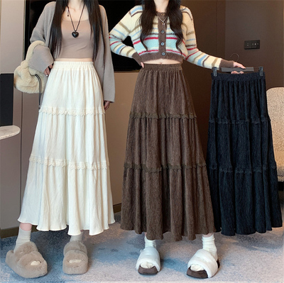 taobao agent Velvet autumn white pleated skirt, plus size, increased thickness, A-line, 2023 collection, city style, fitted