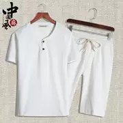 Ưu tiên cho ông nội 70 tuổi mùa hè ăn mặc 60 cotton và vải lanh ngắn tay trung niên cha 40 quần short 50 trung niên phù hợp với nam hai - Bộ đồ