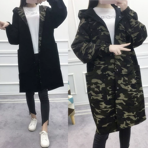 Осенний камуфляжный двусторонний плащ для школьников с капюшоном, куртка, коллекция 2021, в корейском стиле, оверсайз, средней длины