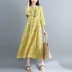 2018 mùa hè mới phong cách cao eo đu lớn dress kích thước lớn in lỏng bảy điểm tay áo robe cotton và linen dress Váy eo cao