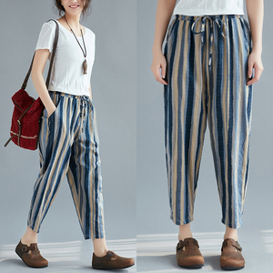 Chất béo mm kích thước lớn cao eo chín quần nữ văn học sọc dọc cotton và linen loose casual quần hậu cung feet củ cải quần mùa hè