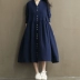 Mori cô gái 2018 mùa xuân mới Hàn Quốc phiên bản của văn học dòng lớn linen ăn mặc bat tay áo v-cổ dài tay cotton và linen ăn mặc váy dài xếp ly Váy dài