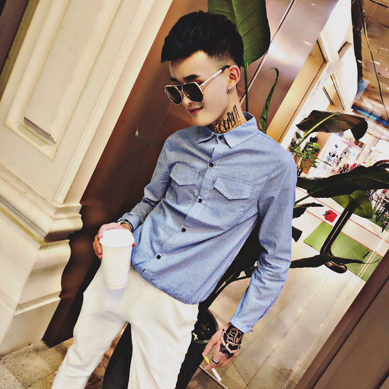 x1210-特p50 2018秋季男小衬衫小条纹男士精神小伙修身翻领衬衣