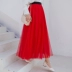 Màu đỏ là eo cao xếp ly giữa dài váy lưới váy váy nữ biểu diễn múa cô dâu váy dài lớn - Váy