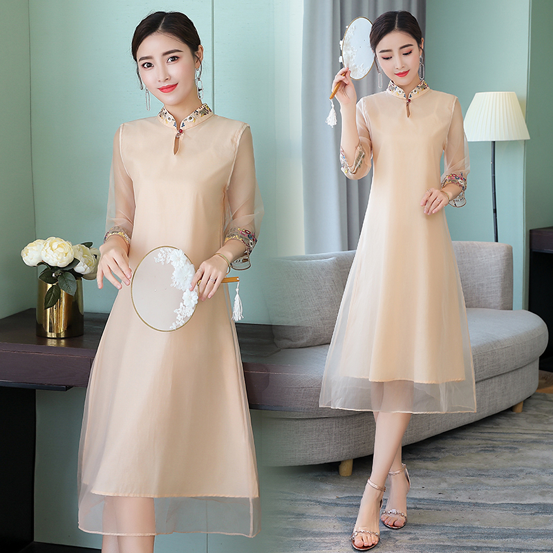 2018夏装新款女中国风连衣裙民族复古中长款