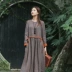 Nian Jiangnan ban đầu của phụ nữ du lịch kỳ nghỉ áo choàng dài tay vải lanh ăn mặc văn học cổ điển dây rút cotton và váy lanh - Váy dài