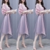 2018 mùa hè mới Hàn Quốc phiên bản của mỏng một vai sọc đèn lồng tay áo phần dài không thường xuyên giả hai mảnh váy 	váy tôn eo	 Váy eo cao
