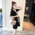 Thời trang Hàn Quốc phiên bản váy nơ cổ chữ V cho mẹ bầu nữ thủy triều nhỏ thơm đã mỏng đầu thu mới váy đan quần áo bà bầu công sở Áo thai sản