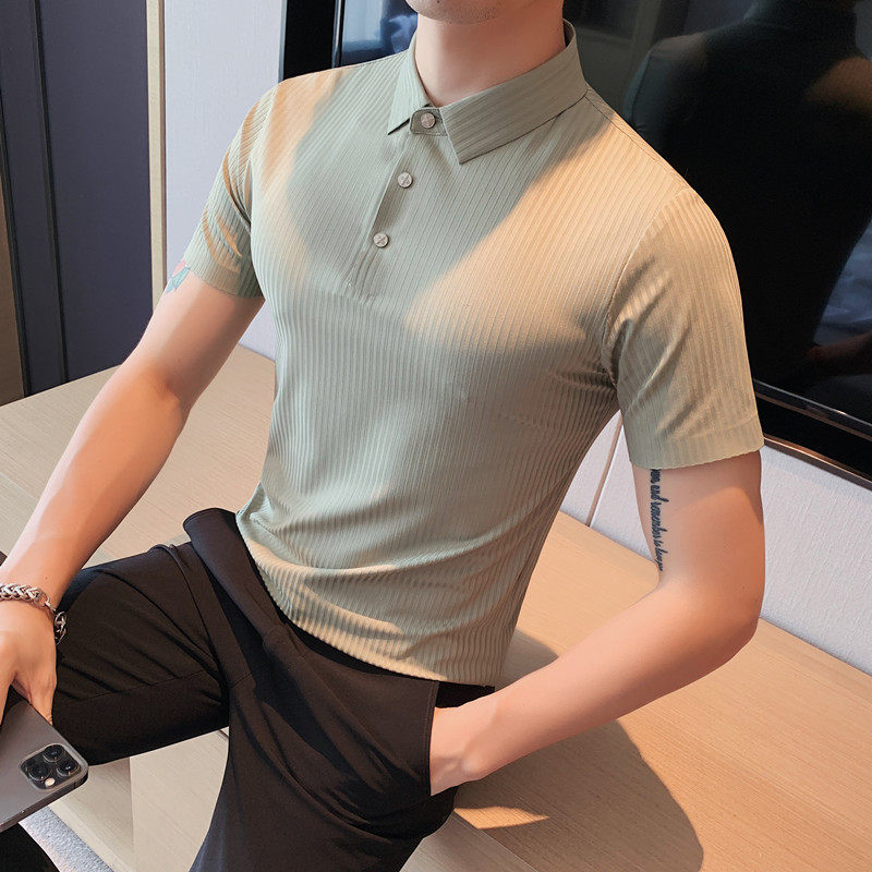 Light luxury summer thin, high-end, seamless embossed short-sleeved Polo shirt for men, slimming striped lapel T-shirt for men Specification image