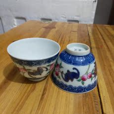 Чайная чашка 景德镇文革厂货陶瓷 青花斗彩手绘描金福寿图茶盅 二缸盅