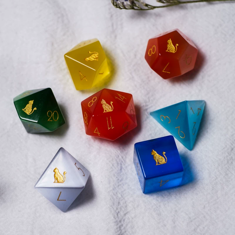 Dice, board game, cat's eye, with gem, full set, custom-made, cat