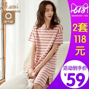 Top cửa hàng hàng đầu chính thức váy ngủ nữ mùa hè cotton dài phần rộng kích thước lớn phiên bản Hàn Quốc của dịch vụ cotton sọc mỏng - Đêm đầm