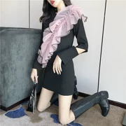 Mùa thu phụ nữ 2018 mới retro phong cách ba chiều xù khâu màu đen rỗng dài- tay mỏng khí đầm