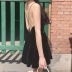 Mùa hè Hàn Quốc phiên bản của sexy backless chữ thập strap V-cổ nhung đầm Slim đáy váy xếp li phụ nữ 	váy dây rút eo	 Váy eo cao